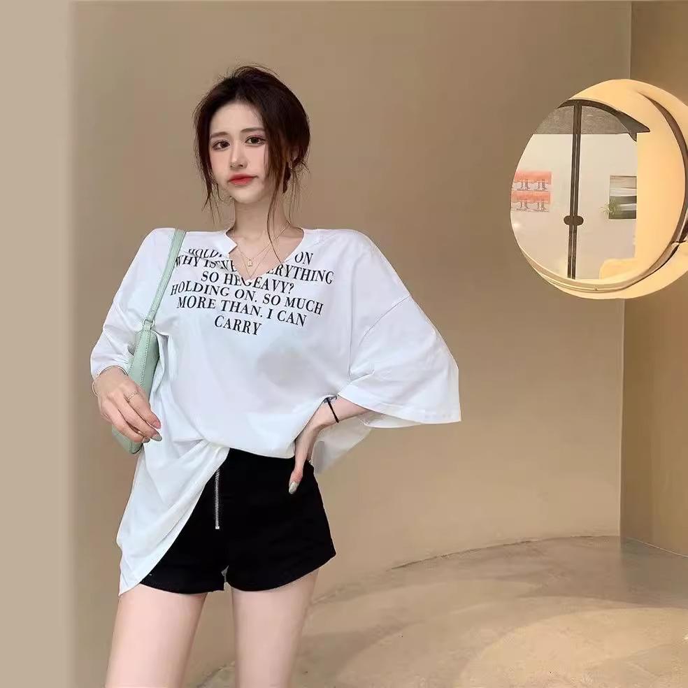 Plus Size V-Neck Korean T-Shirt: Summer Trend, Loose Fit, Short Sleeves