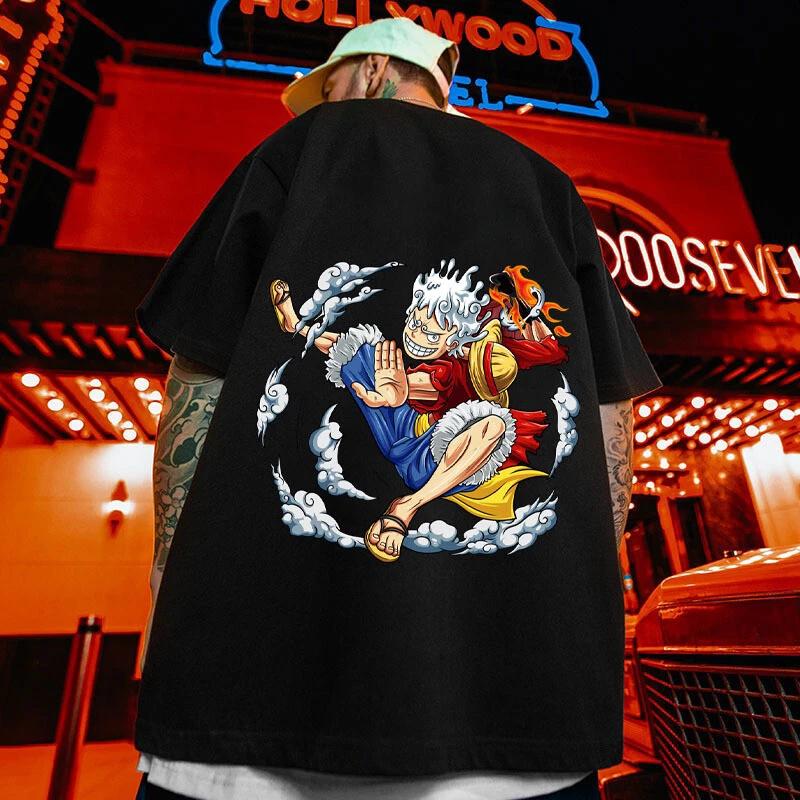Luffy Animation T-Shirt Clothing 100% Cotton 2025 Summer Retro Fashion Men's and Women's Cotton Streetwear
