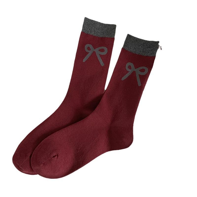 „Șosete din tubul mijlociu cu fundă cu dungi în stil coreean, retro, roșu vin, cu dantelă, pentru femei”