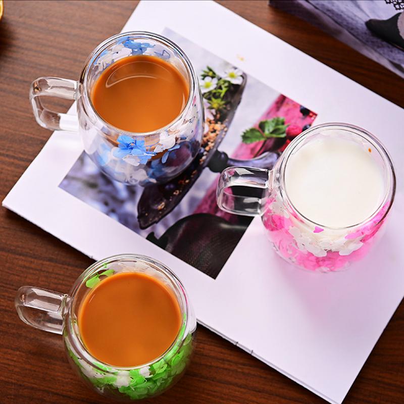 Double Wall Glass Cup 200ml Clear Dried Flowers Milk Tea Coffee Mug with Handle Gifts Friends Home Water Cup Drinking Glasses