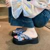 Thick Soled Slippers for Women Summer Chain Denim Chunky Heel Cross Slides Open Toe Outdoor Beach Woman Walking Slides