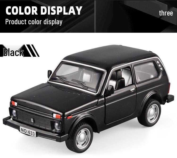 Boxed 1:32 Lada Jeep Alloy Car Model Toy with Pull-Back, Sound, and Light.