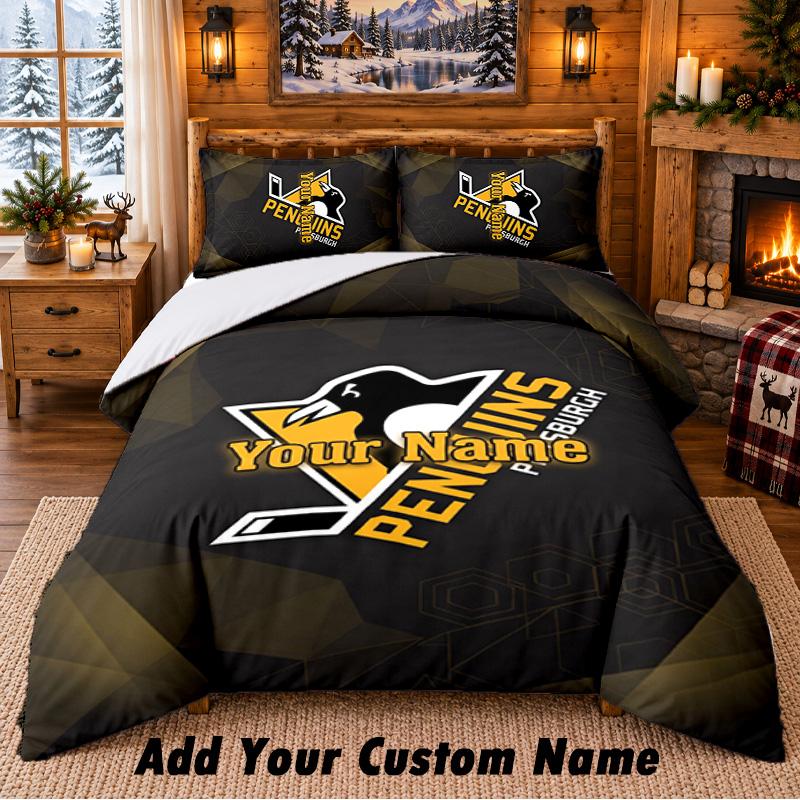 Pittsburgh Penguins Pattern Bedding 3Pcs Set Custom Name, Bed Sheet And Pillowcases For Home Bedroom