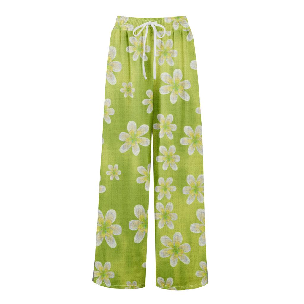 Women Summer Boho Palazzo Pants High Waist Wide Leg Floral Printing Casual Trousers With Pockets