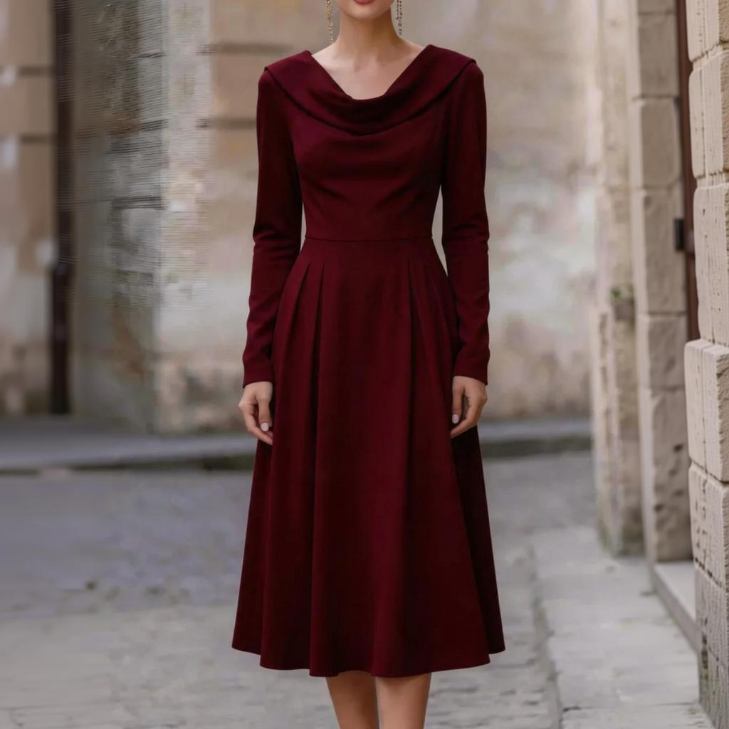 Damen Satin Langarm Midi Kleid mit Wasserfall-Ausschnitt und tailliertem Bund für Abendparty Formelle Anlässe