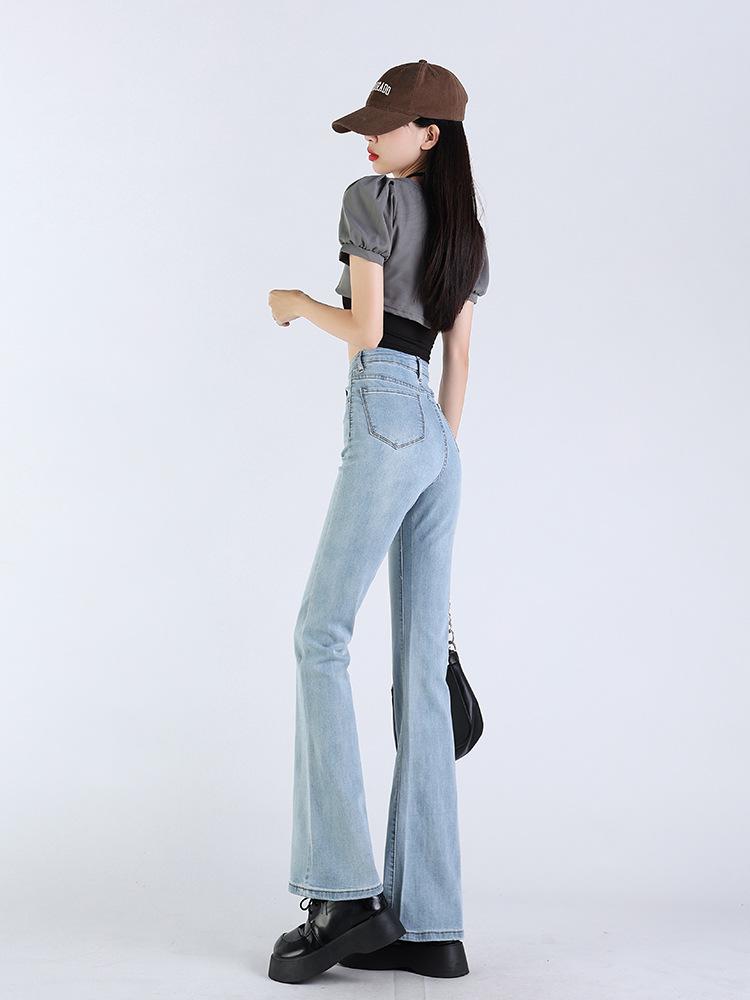 Women's High-Waisted Light Blue Micro-Flared Jeans - 2024 Spring/Autumn Versatile Long Pants.