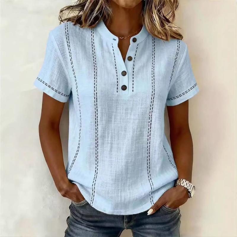 TIFICY Women's Fashion Casual Summer Spring Stripe Print Short Sleeve V-Neck Blouses & Shirts