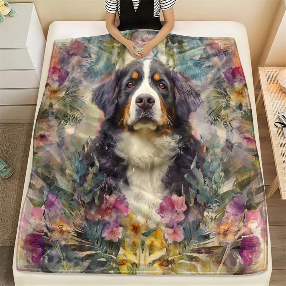 Bernese Mountain Dog and Flowers pattern Flannel Blanket, High quality Comfortable for All Seasons, Home Decor, Warmth and Comfort, Perfect for Gifts.