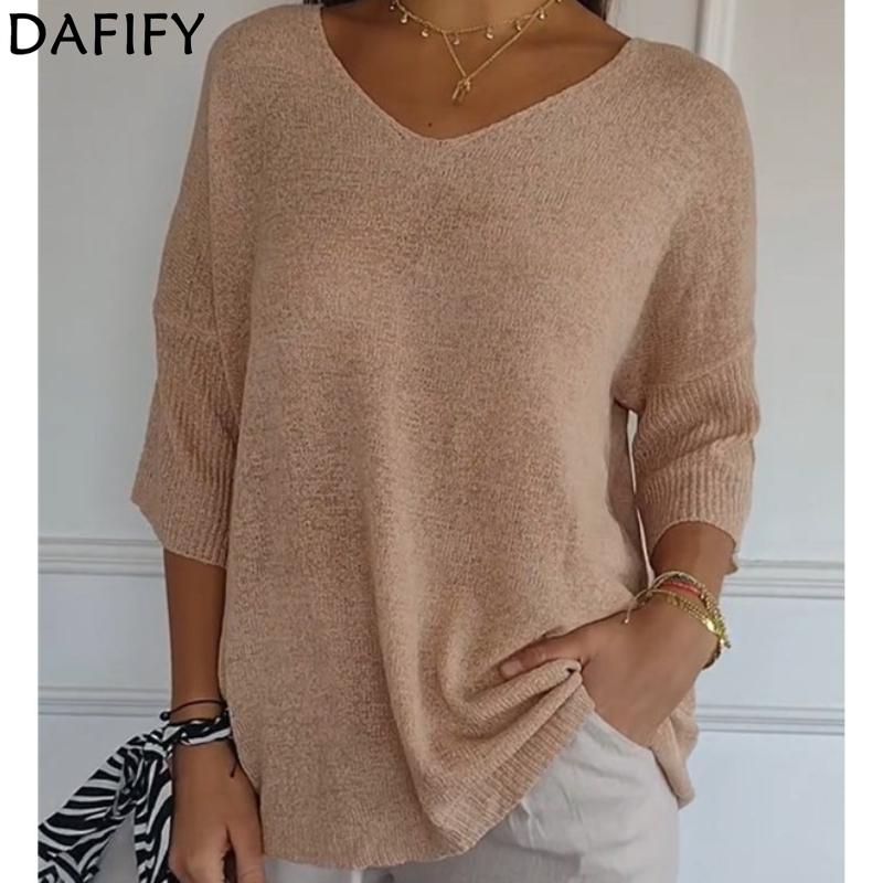 DAFIFY Women's Fashion Casual Fall Winter Solid Color Print 3/4 Sleeves V-Neck Sweaters