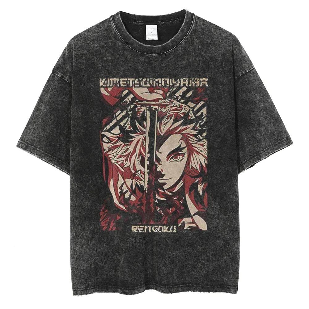 Camiseta Vintage Oversize de Manga Corta con Lavado Ácido de Demon Slayer: Kimetsu no Yaiba Kokushibo Estampado Gráfico Batalla Oscura