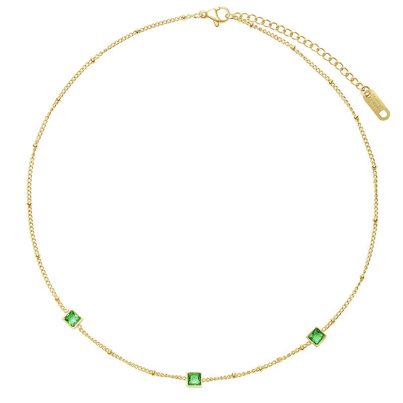 French Elegant Square Combination Titanium Steel Fine Versatile Color Zirconium Green Zirconium Necklace Plated With 18K Real Gold Lasting Color
