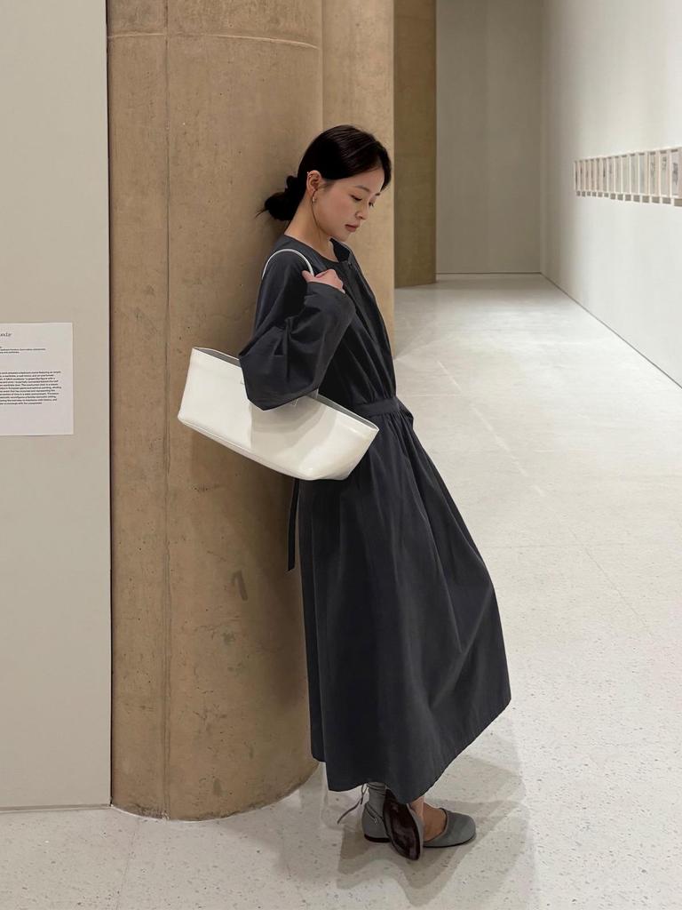 TG Minimalist Cotton-Feel Round Neck Long Sleeve Dress - 2026 Gentle Korean Style with Large Hem