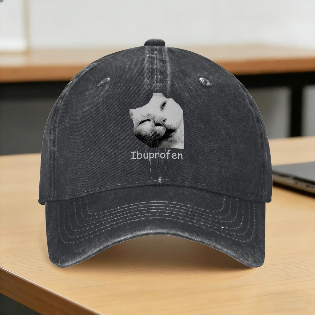 Washed Baseball Cap Funny Ugly Cat Face Ibuprofen Cat Meme Humor Spring Trucker Hat For Unisex Adult Yk Cool Rock Sun Snapback Cap