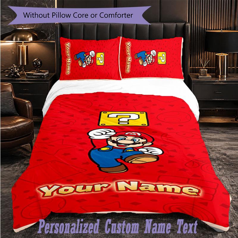 Personalized 3Pcs Bedding SetSuper Mario Custom Text Duvet Cover Pillowcase Set Bedroom Gift