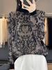 Women's Wool Knit Sweater: Jacquard Fringed Hem, Half-High Neck with Lace Cutout Long Sleeves