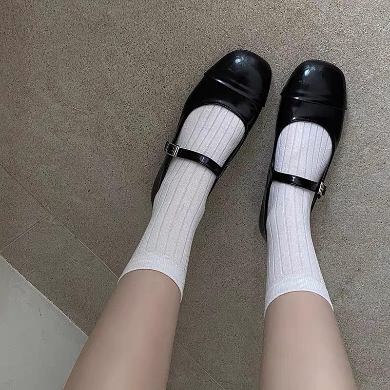 Women's simple knitted mid-calf socks, spring/summer thin vertical striped stacked socks jk Gray socks in ballet style
