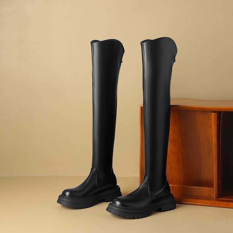 Krazing Pot Microfiber Autumn Winter Shoes Med Heels Flat Platform Size 42 Over-the-knee Boots Slip On Punk Style Elastic Thigh High Boots