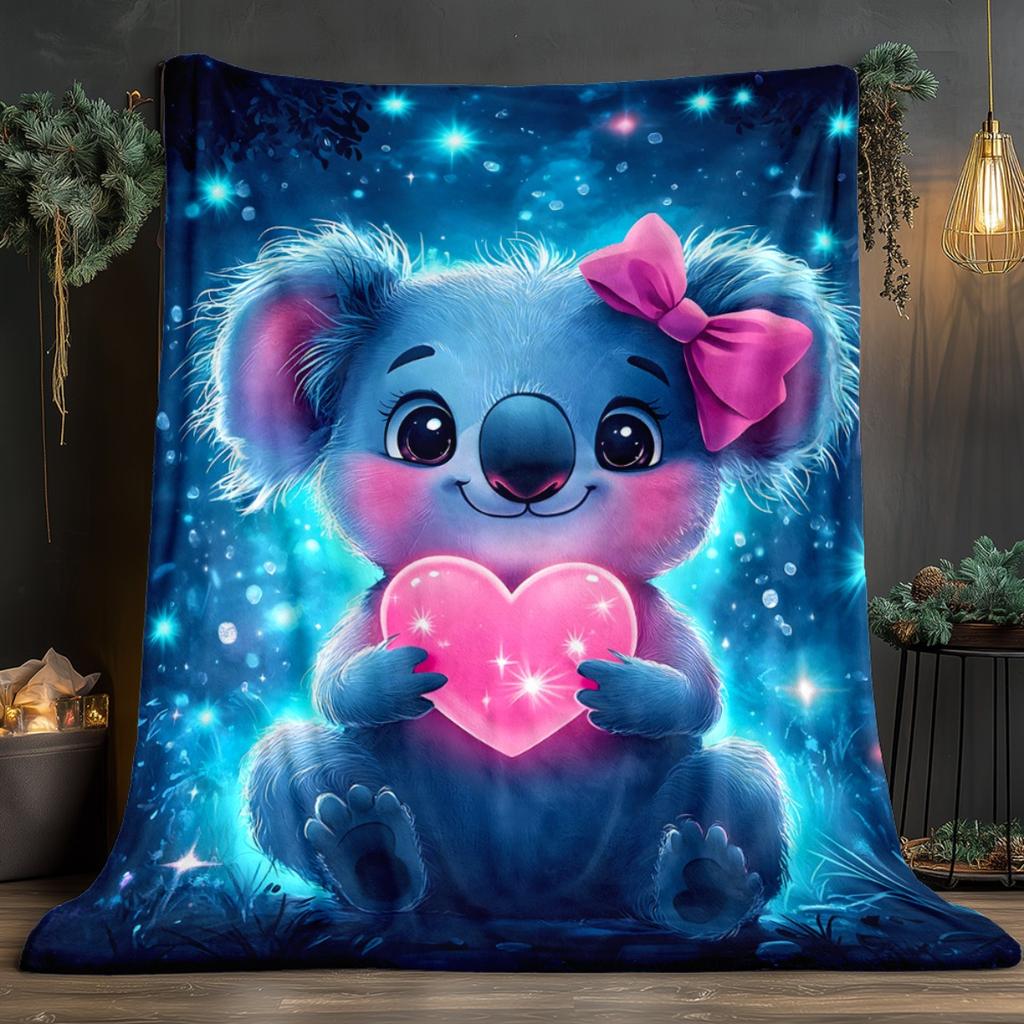 1pc Cute Koala Holding Pink Heart Sparkle Blue Background Flannel Blanket Soft Throw Bed Cover Animal Lover Gift Kids Room Decor