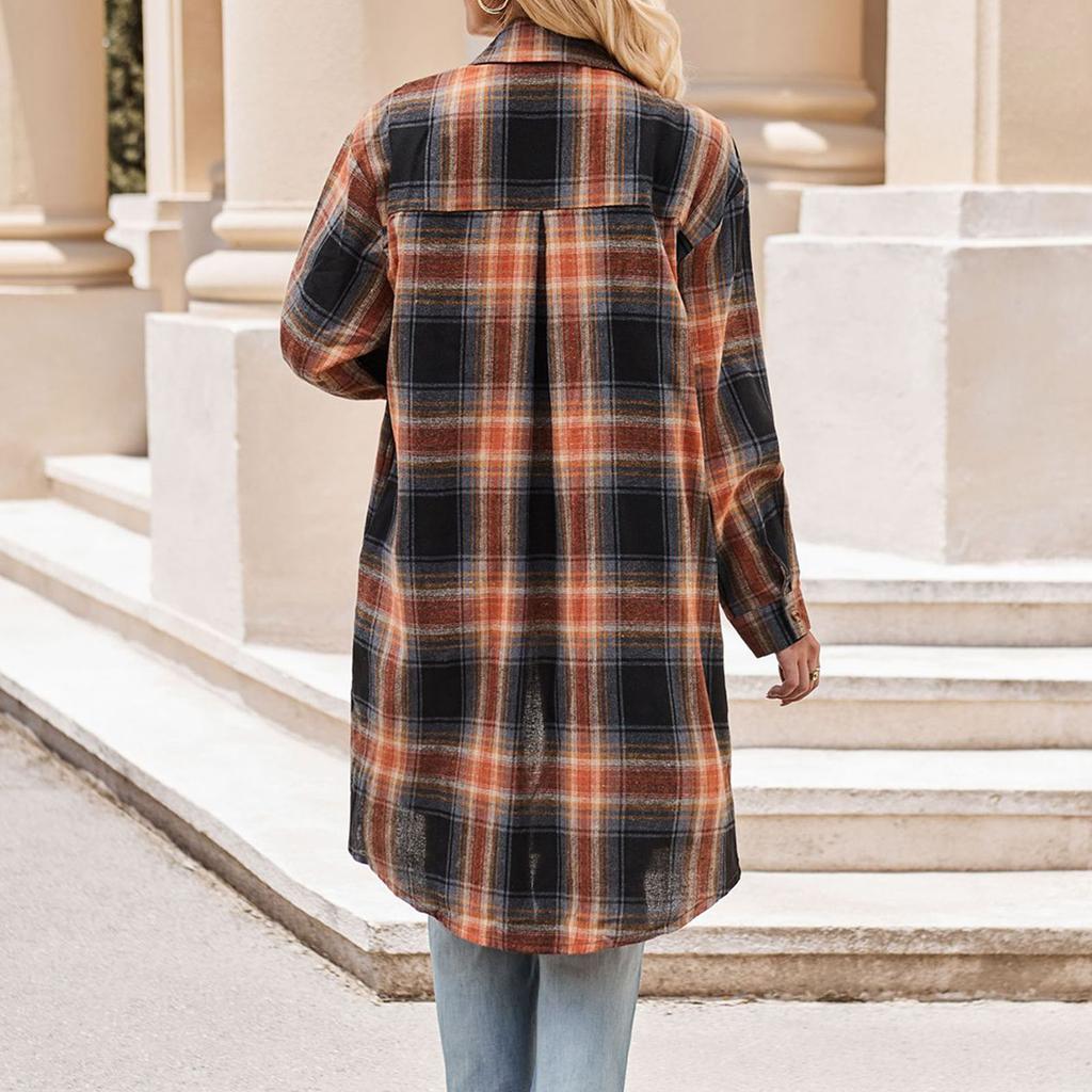 Women Casual Coat Long Sleeve Shacket Turndown Collar Mid Long Plaid Shirt Jacket for Autumn and