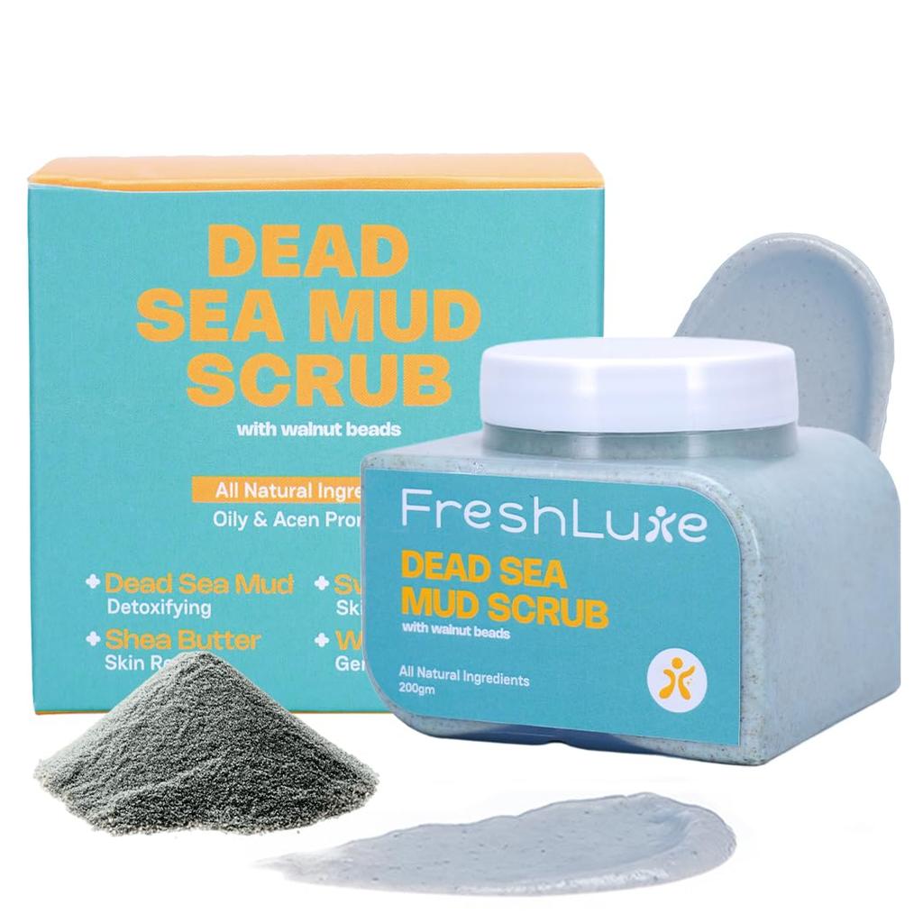FreshLuxe Dead Sea Mud Face & Body Scrub | Lactic Acid for Detan, Exfoliation & Skin Brightening | Natural Ingredients | Body Polish | Walnut Beads