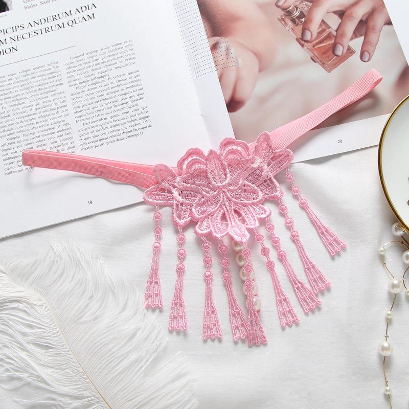 Women Sexy Panties Lace Breathable T-back Briefs Imitation Pearl Flower Embroidered Tassel Panties Temptation Intimates