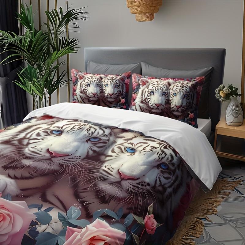Couple Pink Tiger Rose Quilt Cover Set 1 Quilt Cover + 2 Pillowcases Home Four Seasons Dormitory High-Definition Printing