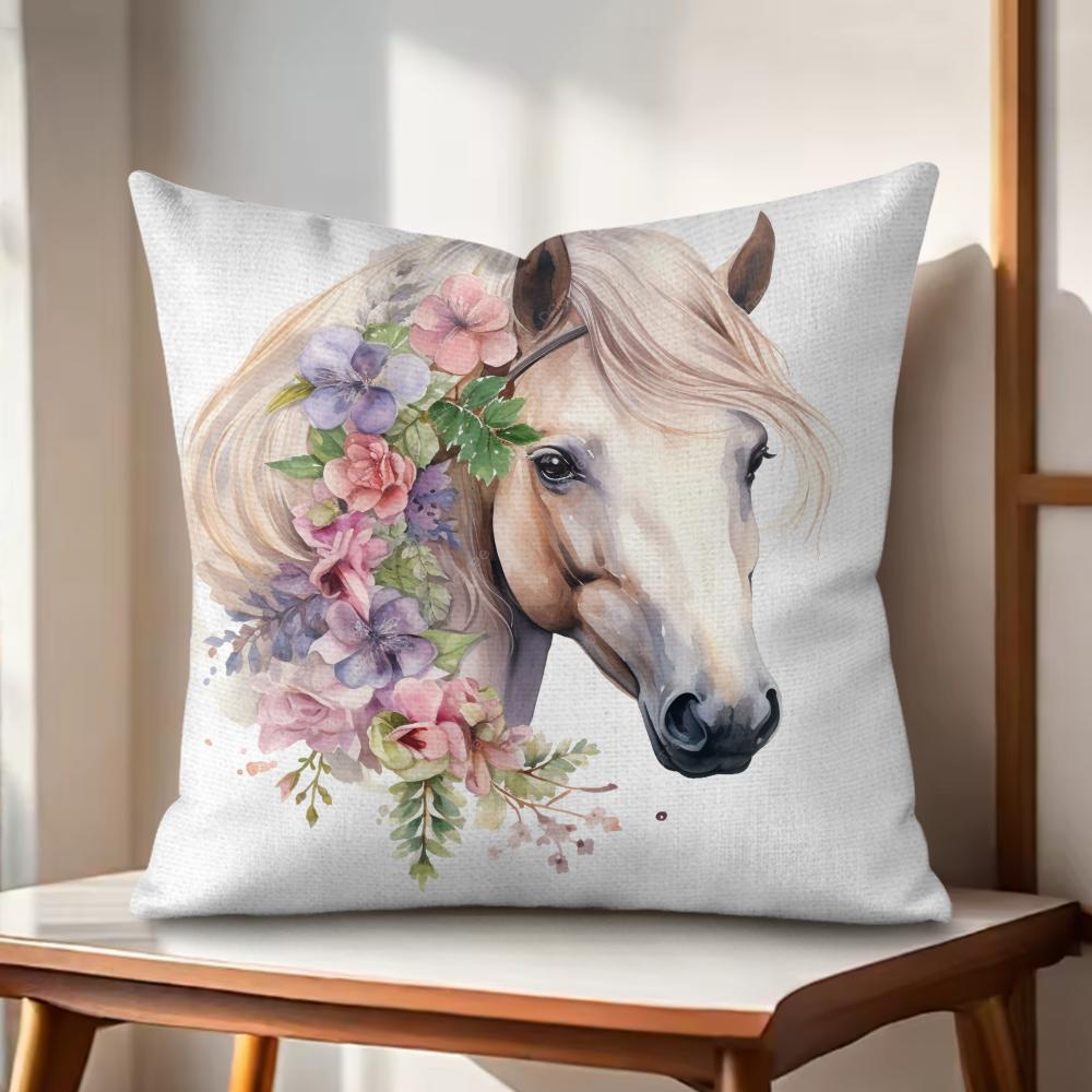 Watercolor Horse  Floral Cushion Cover Natural Linen Organic Fabric DoubleSided Printing Couch Pillow Covers Home Decor
