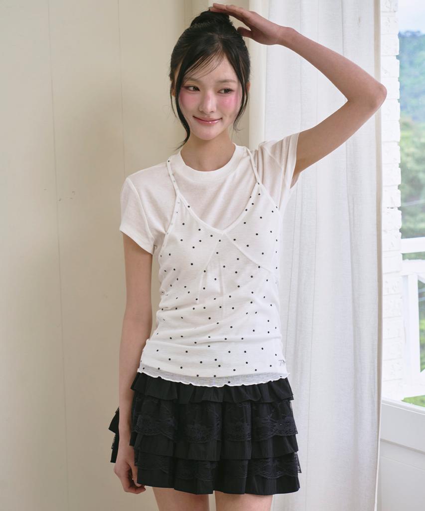 THE GREEN LAB Dot Halter Top Layered Short Sleeve Set [White]