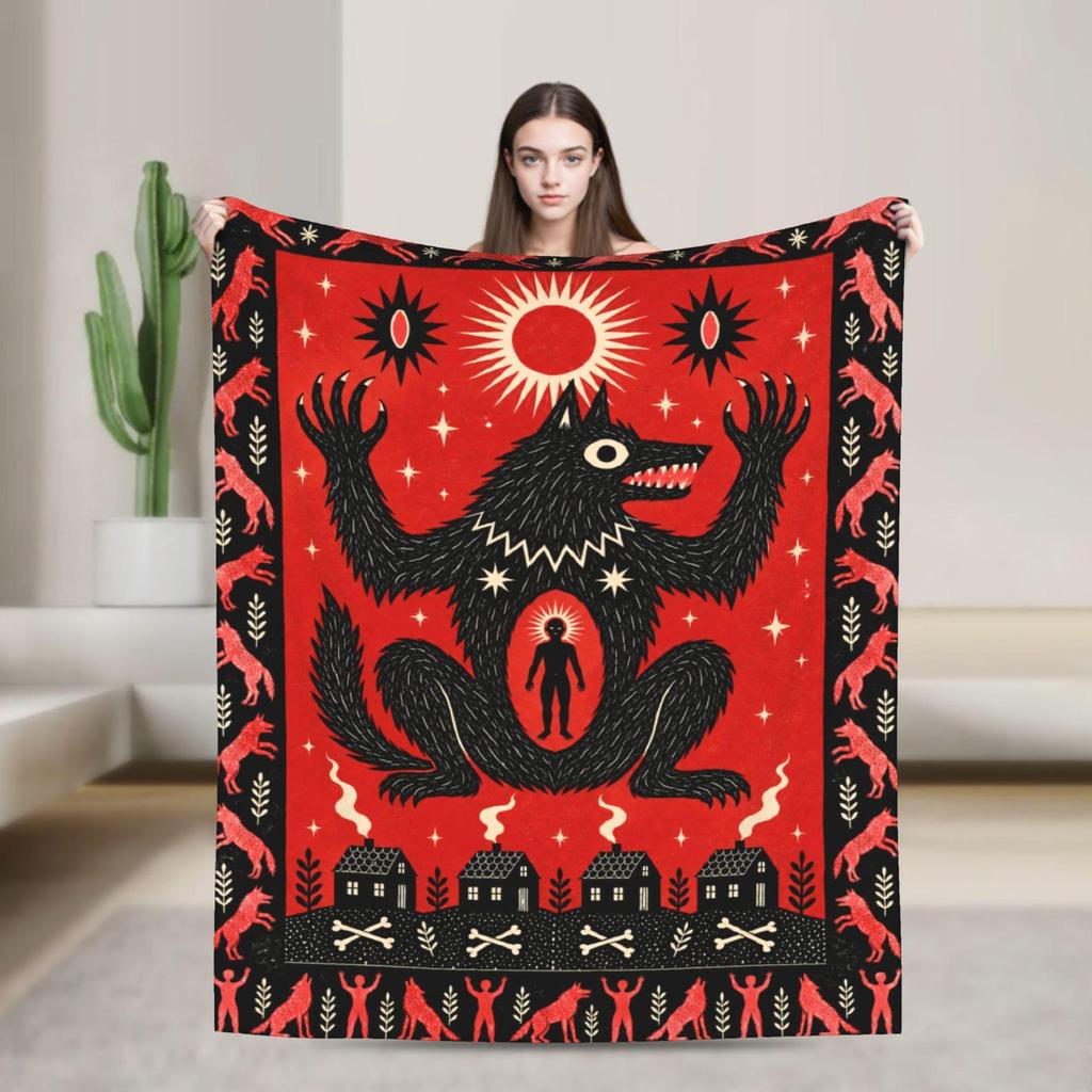 Gothic Wolf Occult Tarot Throw, Dark Celestial Art, Witchy Home Decor, Soft Flannel Blanket