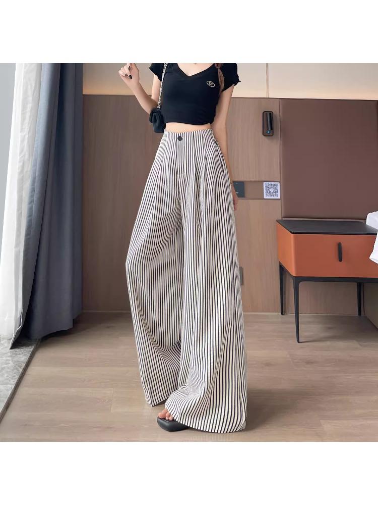 Women's Summer Ice Silk Striped Wide-Leg High-Waisted Pants - Thin, Slimming, Loose, Floor-Length, Casual Straight-Leg.