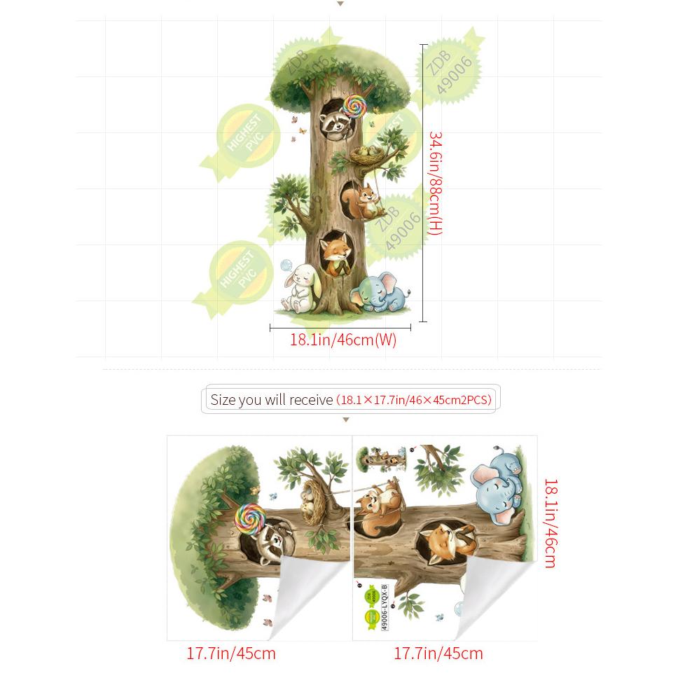 

Cute Cartoon Tree Animals Wall Sticker Raccoon Squirrel Bunny Elephant Peel Stick Decal for Kids Bedroom Nursery Playroom Decor зелёный