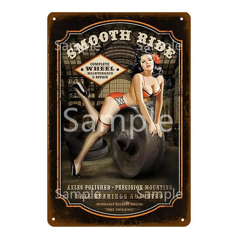 Plakat na ścianę garażu Samochód Pin Up Girl Retro Vintage Dekoracja Metalowy Blaszany Znak Do Jaskini Mężczyzny Sklepu Klubu Baru Dekoracja Ścienna YL078