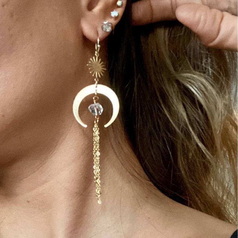 Bohemian Crystal Sun and Moon Tassel Earrings
