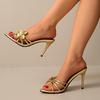Fashion Metal Flower Decoration Narrow Band Slides Women Summer Pointed Toe Super High Heel Sandals Gold Party Dress Sandals