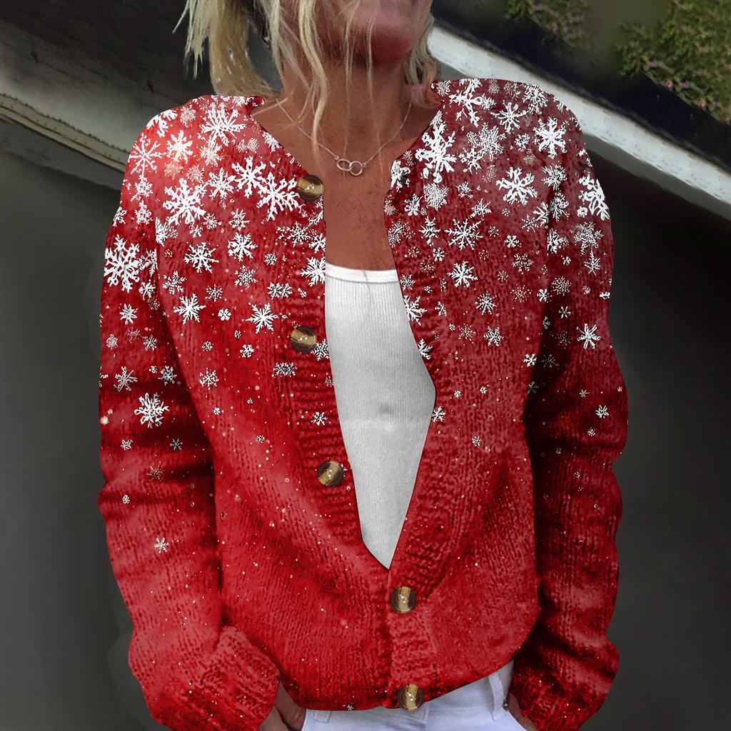 Women's Fashion Christmas Printed Long Sleeve Knitted Cardigan Button Down Jacket
