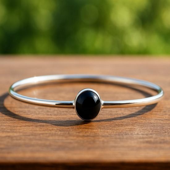 925 Sterling Silver Bangle with Round Black Onyx: Handmade Gemstone Minimalist Bracelet for Women
