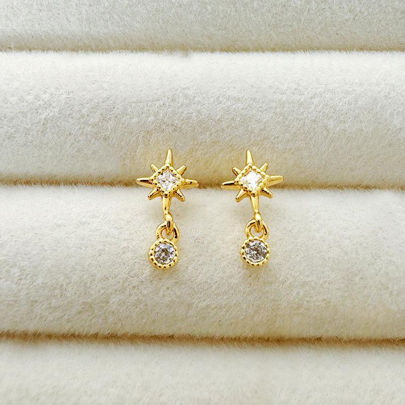 S925 Silver Eight-Pointed Star Zircon Stud Earrings - Minimalist Flower Design