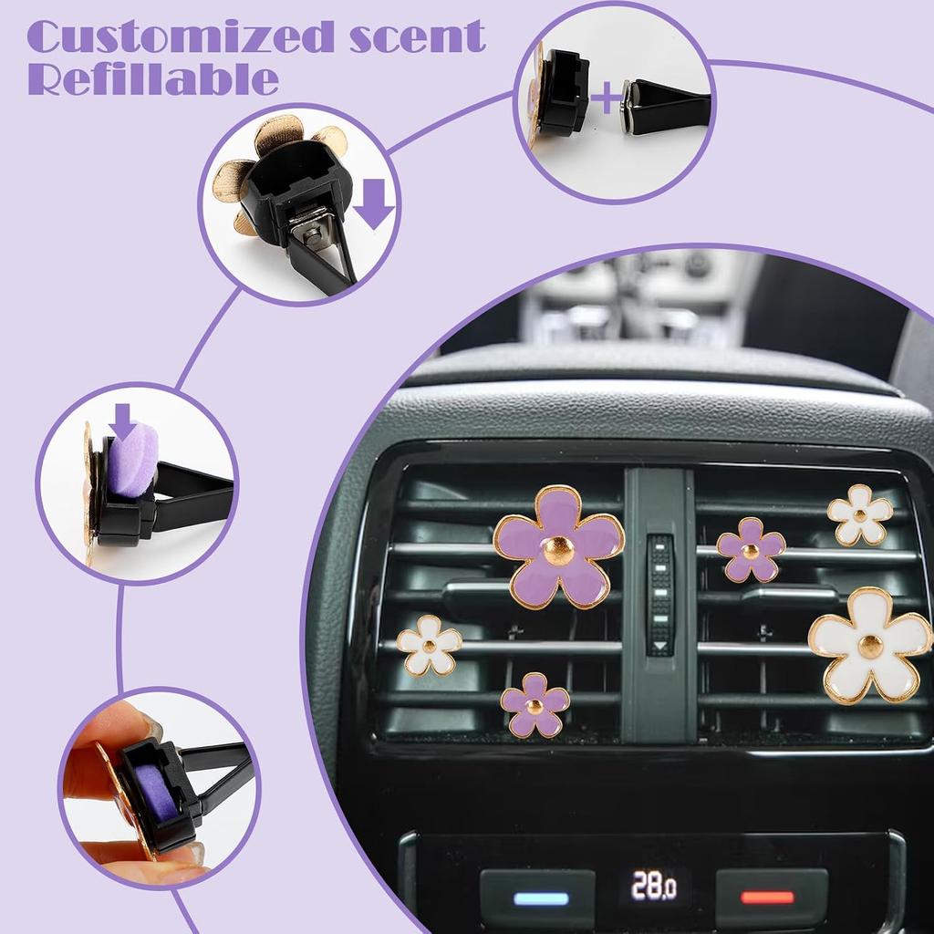 8Pcs Daisy Flower Air Vent Clips for Car, Handmade Car Decor Accessories, 4 Sizes Decorative Vent Clips (Purple, White)