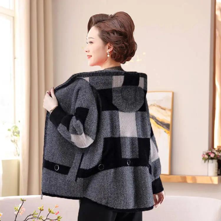 

Женское зимнее пальто с капюшоном больших размеров, для женщин среднего и пожилого возраста, осеннее элегантное повседневное двустороннее флисовое шерстяное пальто XS