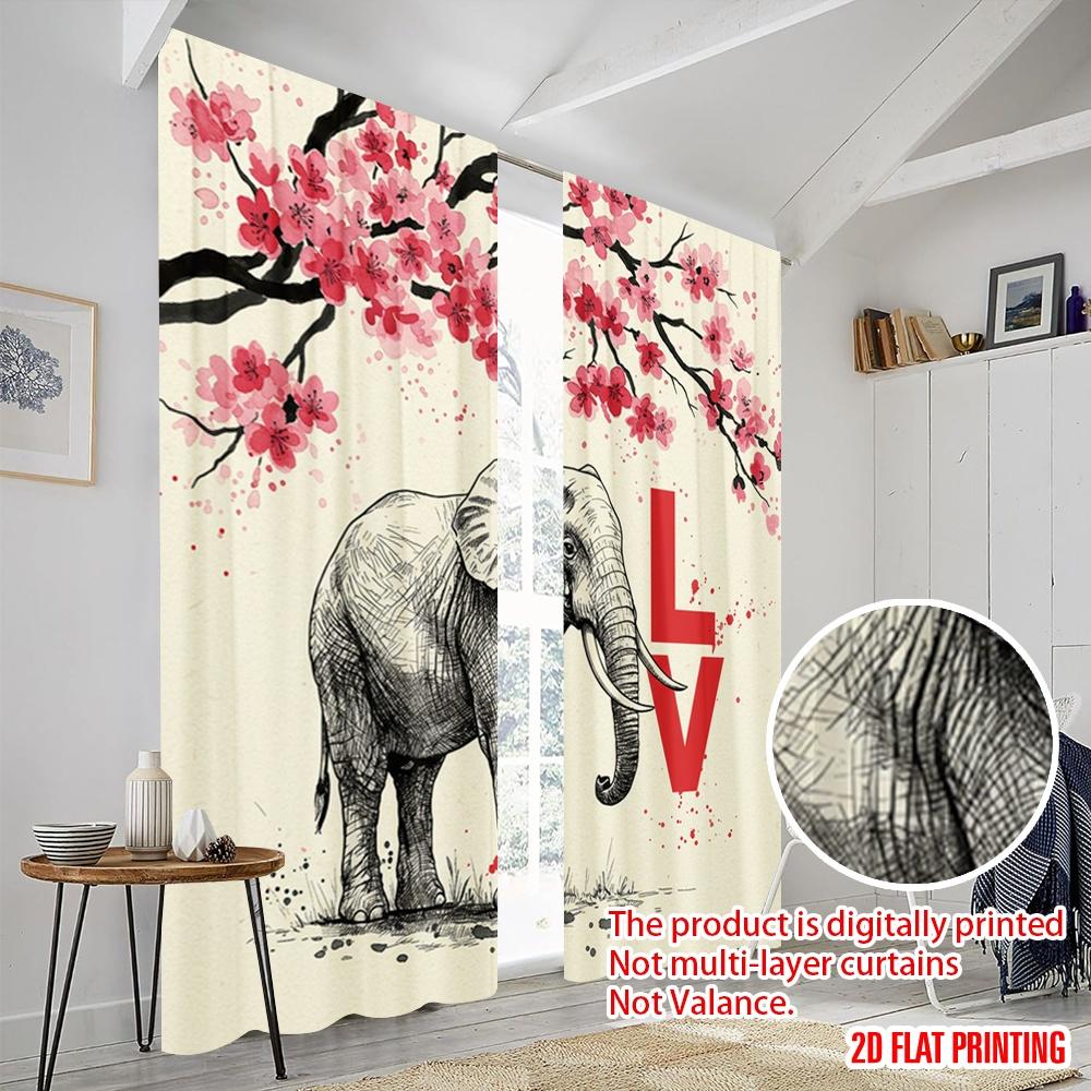 2pcs 2D flat printing Window Drapes Love Elephant Cherry Blossom 100% Polyester Without Electricity Seasonal Party & Holiday