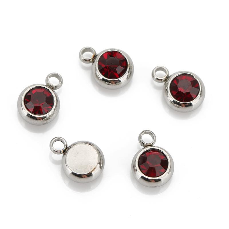 Stainless steel diamond-encrusted birthstone pendant flat welded ring birthstone small pendant DIY necklace bracelet jewelry accessories