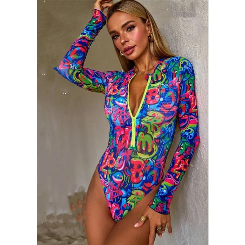 Women Long Sleeve Rash Guard One Piece Swimsuit, Zip Up UV Sun Protection Quick Dry Surfing Bathing Suit