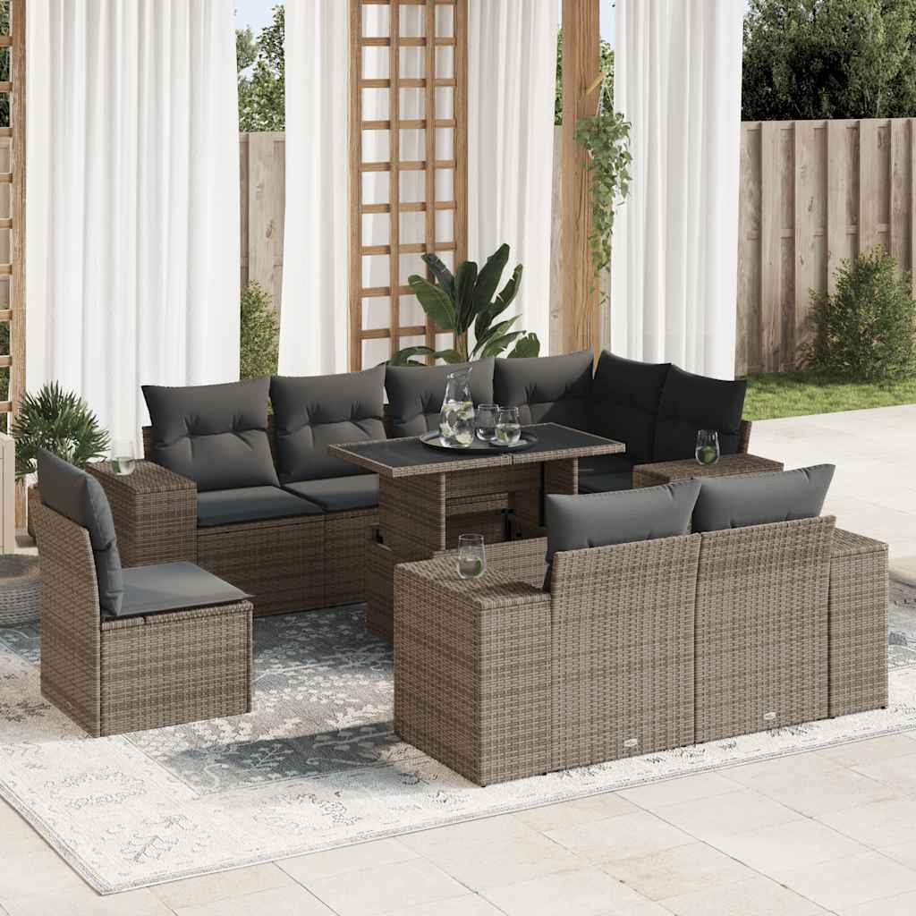 9 Piece Grey Garden Sofa Set with Cushions Poly Rattan