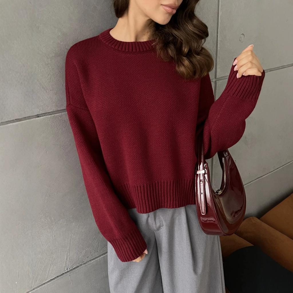 European and American cross-border models solid color classic round neck long-sleeved loose and simple pullover women's versatile knitted pullover
