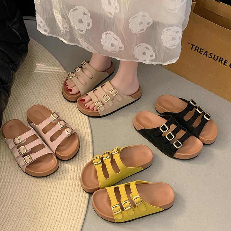 Fashion Shoes Women Female Slippers Platform Low Flock Slides Fashion Soft 2025 Beach Luxury Rome Hoof Heels Rubber Casual PU Fabric