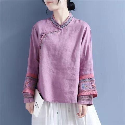 Camicetta da Donna Primavera/Autunno Ricamata a Maniche Lunghe con Collo Rialzato, Chiusura Frontale a Bottoni, Cotone-Lino: Camicia Retro Stile Cinese