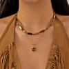 Collier pendentif double couche œil de tigre tempérament rétro pour femmes Acier inoxydable Collier ras-du-cou superposé Clavicule Bijoux pour fille
