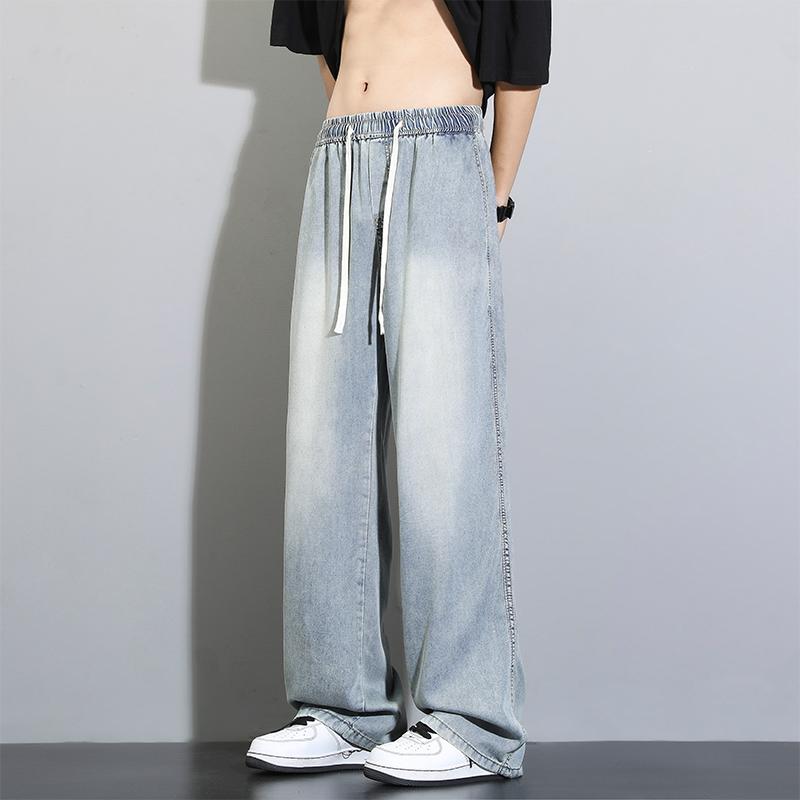 Men's Summer Thin Wide Leg Straight Pants Student American High Street Loose Tencel Retro Jeans