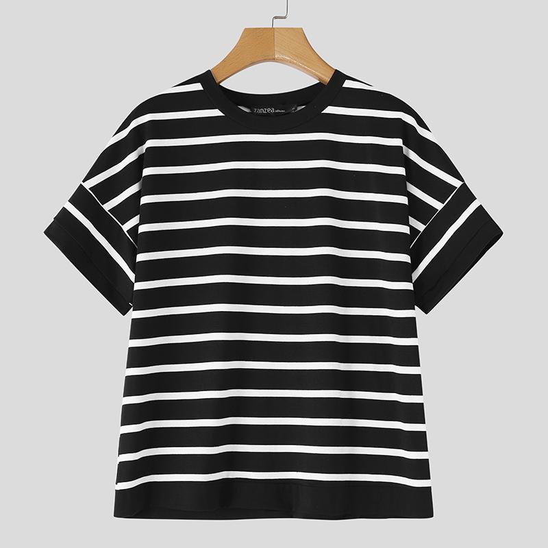 

ZANZEA Женская повседневная летняя футболка в полоску с коротким рукавом и круглым вырезом M чёрный