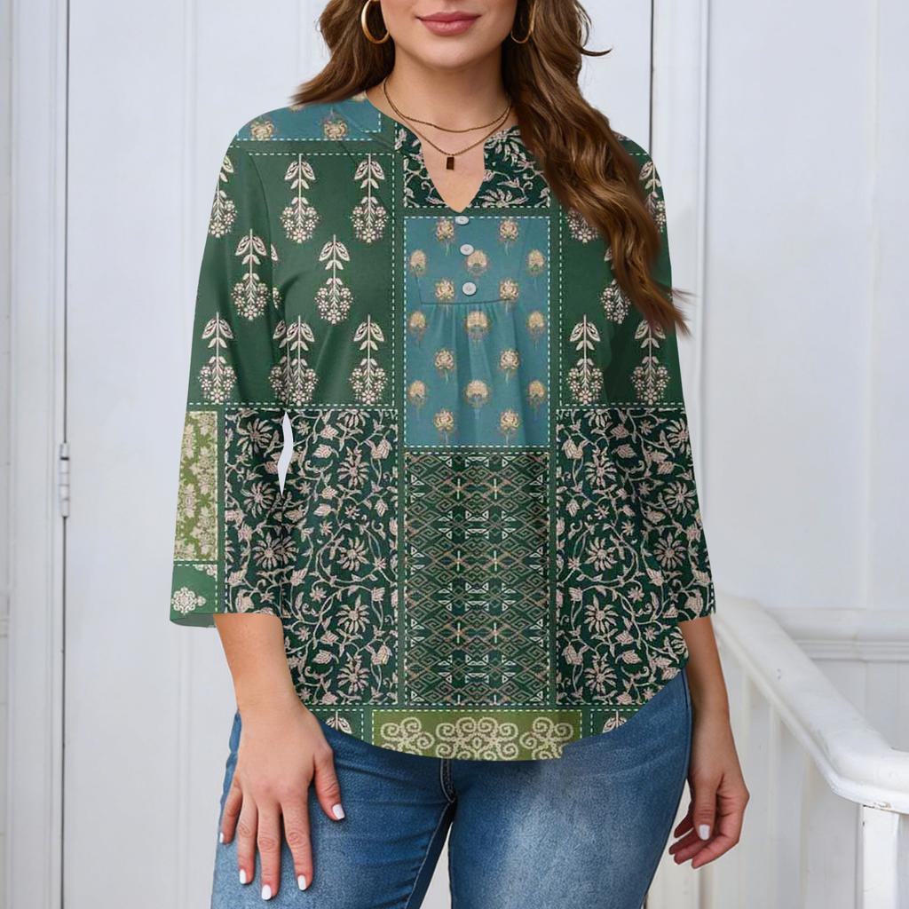 Plus Size Womens Casual Loose Fit V Neck Printed Blouse with Buttons Three Quarter Sleeve Relaxed Fit Top for Daily Wear